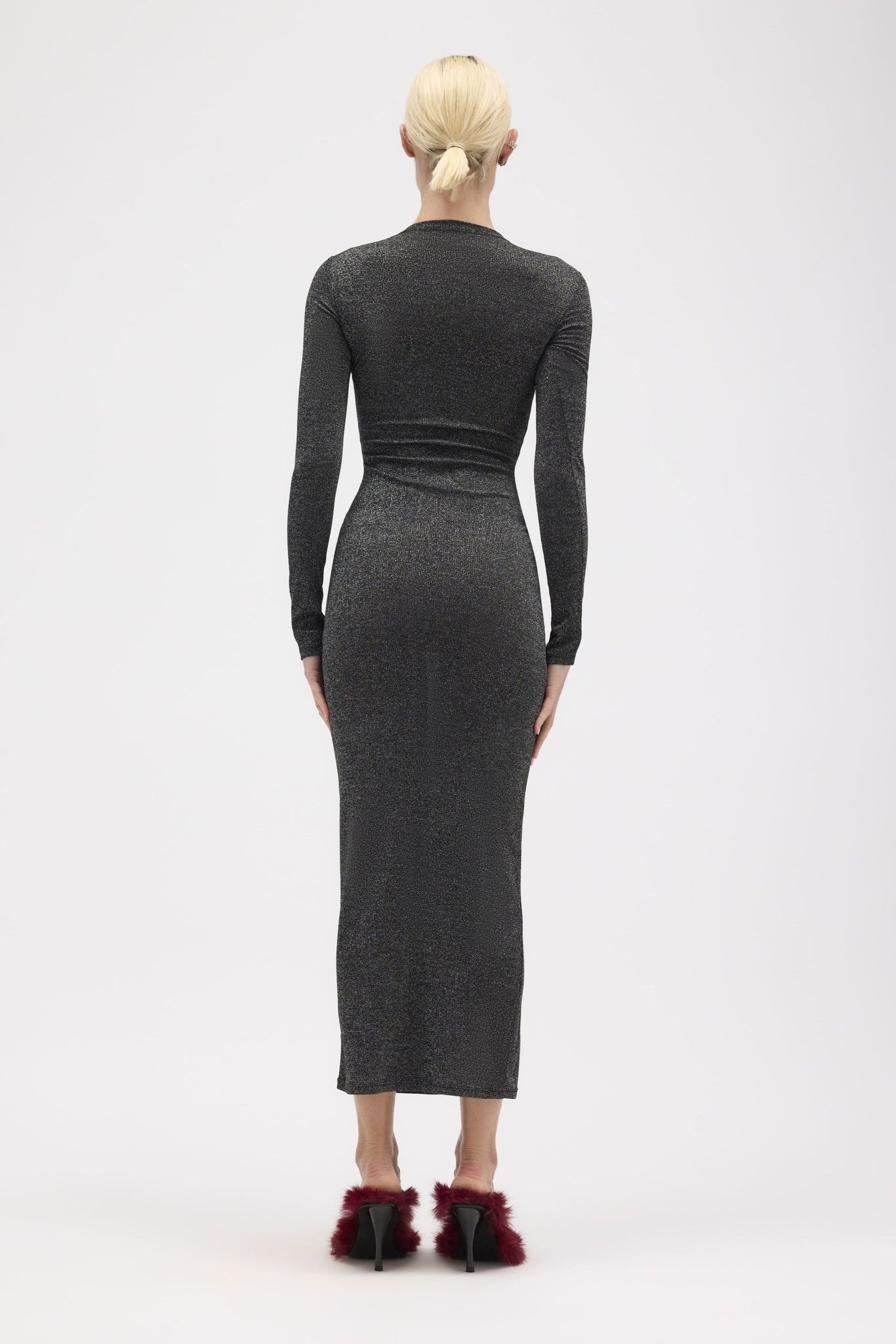 Black Metallic Ribbed Long Sleeve Maxi Dress